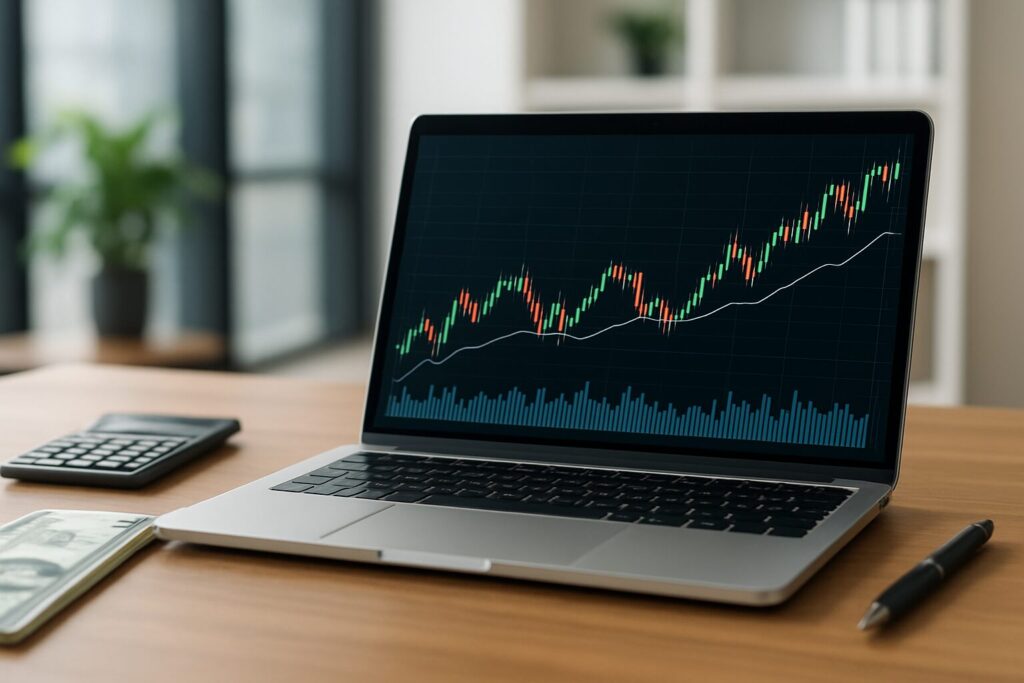 A laptop displaying a stock market chart with green and red candlesticks, alongside a calculator and a stack of money on